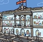 Barcelona. Il·lustració Ajuntament transparent, de Xavier Mariscal, que ha utilitzat Barcelona en Comú. Movimiento de Liberación Gráfica de Barcelona